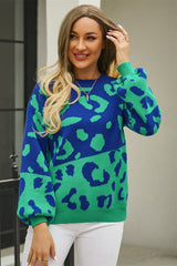 Leopard Round Neck Dropped Shoulder Sweater - Flyclothing LLC