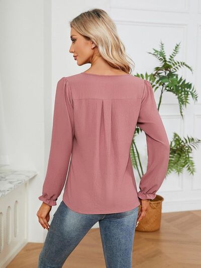 Notched Flounce Sleeve Blouse - Flyclothing LLC