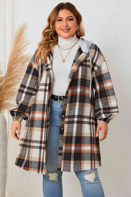 Plus Size Plaid Drop Shoulder Hooded Coat - Flyclothing LLC