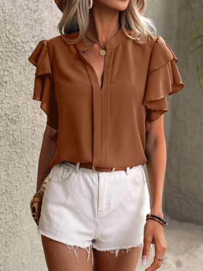 Ruffled Notched Short Sleeve Blouse - Flyclothing LLC