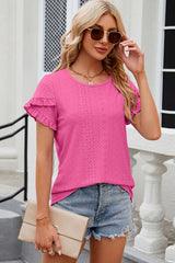 Eyelet Round Neck Petal Sleeve T-Shirt - Flyclothing LLC