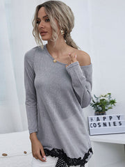 Spliced Lace Contrast Round Neck Top - Flyclothing LLC