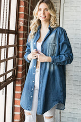 Veveret Pocketed Button Up Washed Denim Shirt - Flyclothing LLC