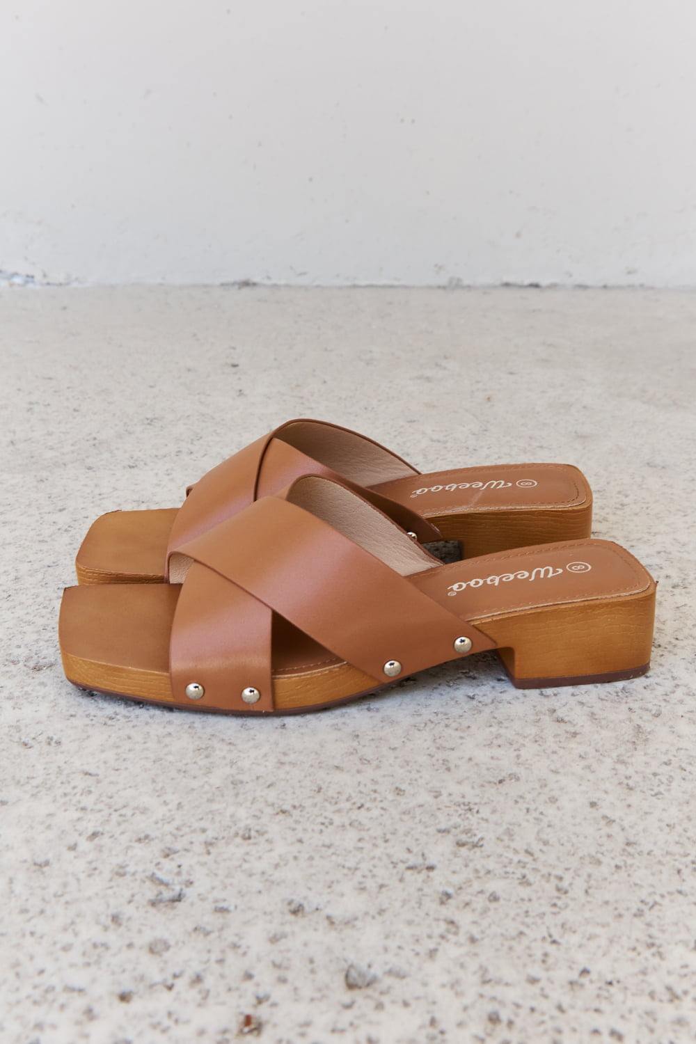 Weeboo Step Into Summer Criss Cross Wooden Clog Mule in Brown - Flyclothing LLC