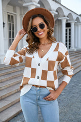 Button-Up Plaid V-Neck Dropped Shoulder Cardigan - Flyclothing LLC