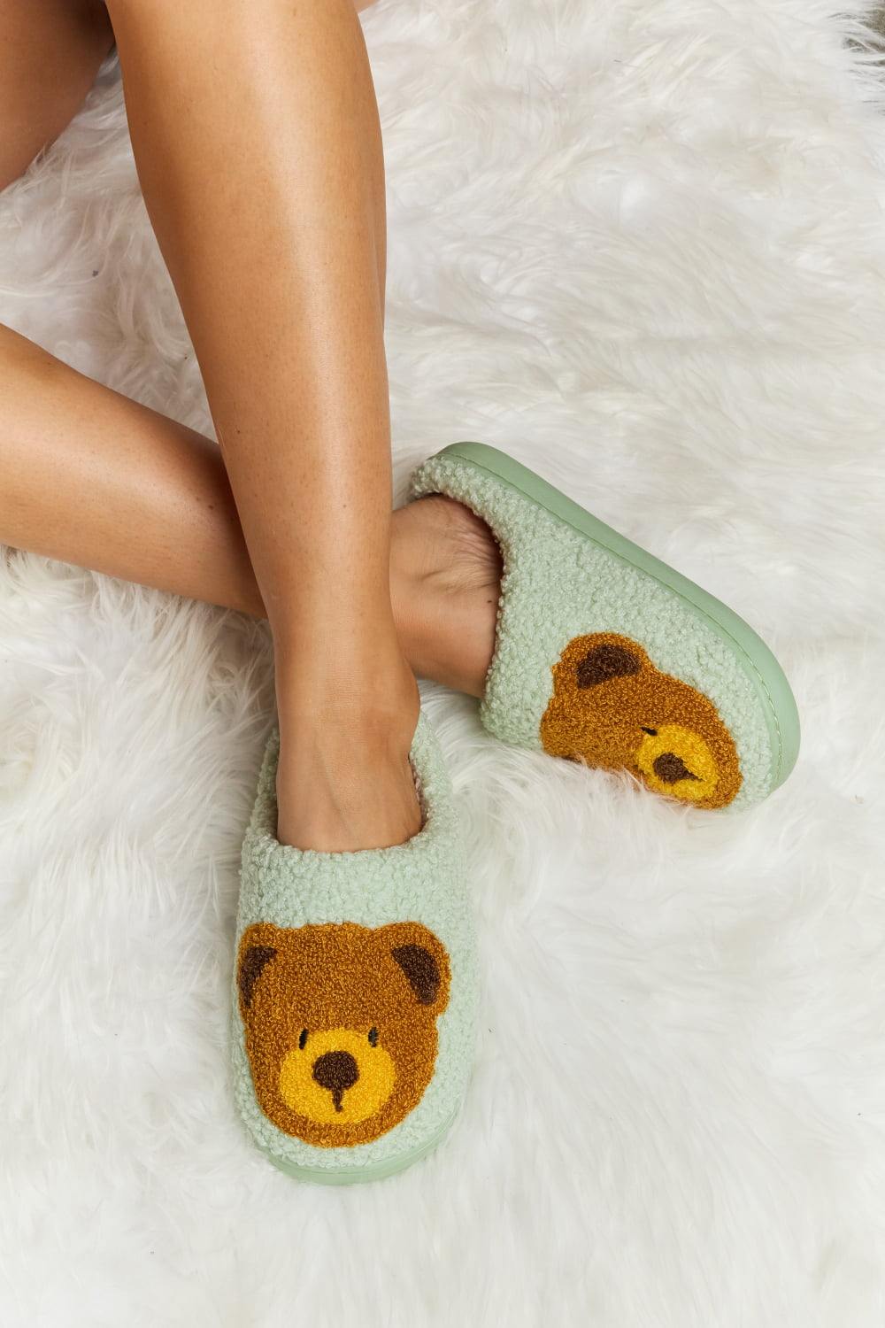 Melody Teddy Bear Print Plush Slide Slippers - Flyclothing LLC