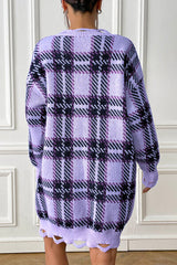 Plaid V-Neck Long Sleeve Sweater Dress - Flyclothing LLC