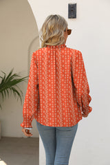 Printed Tie Neck Flounce Sleeve Blouse - Flyclothing LLC