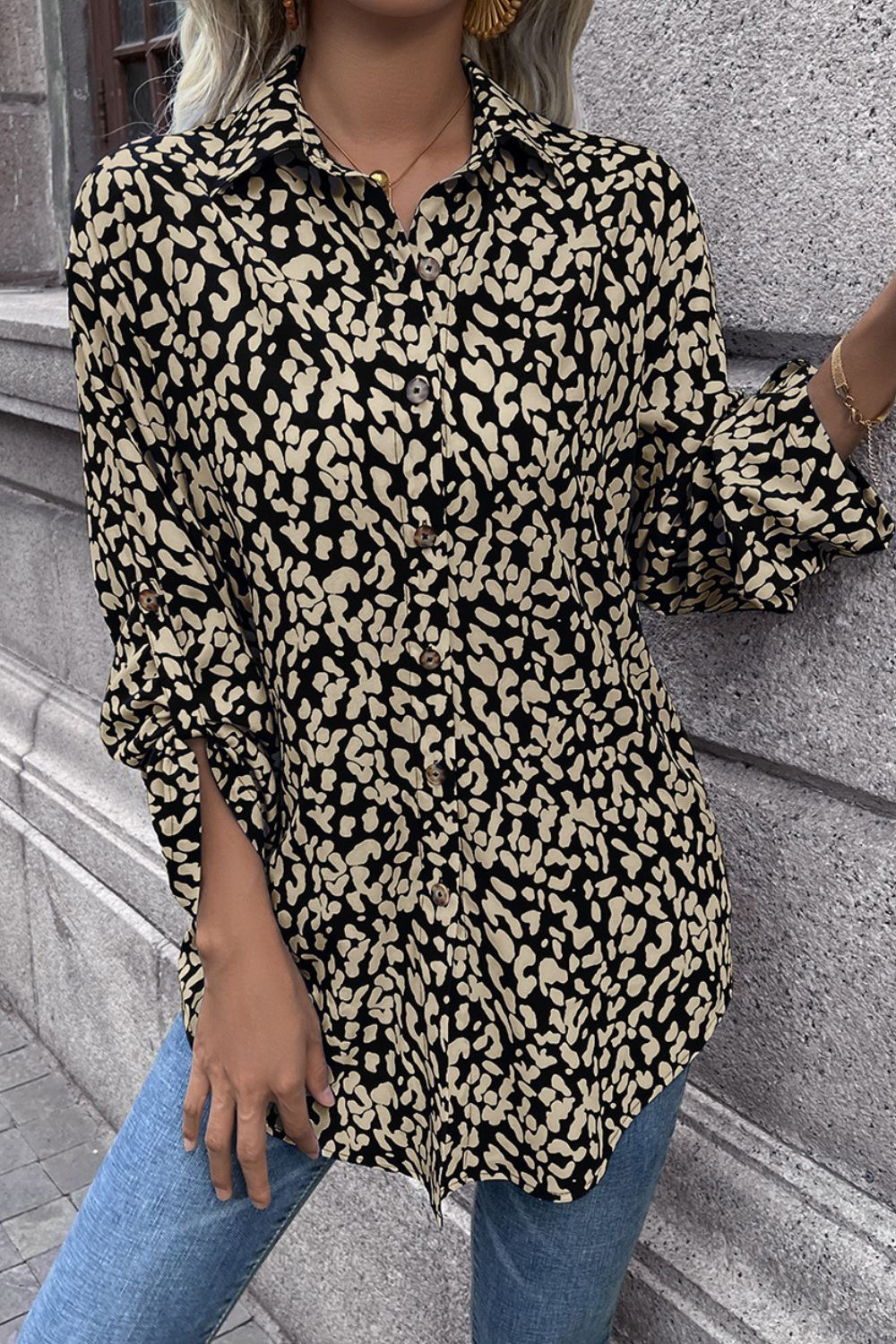 Leopard Roll-Tap Sleeve Shirt - Flyclothing LLC