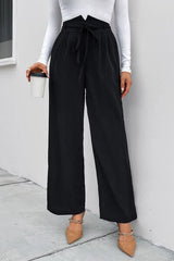 High Waist Ruched Tie Front Wide Leg Pants - Flyclothing LLC