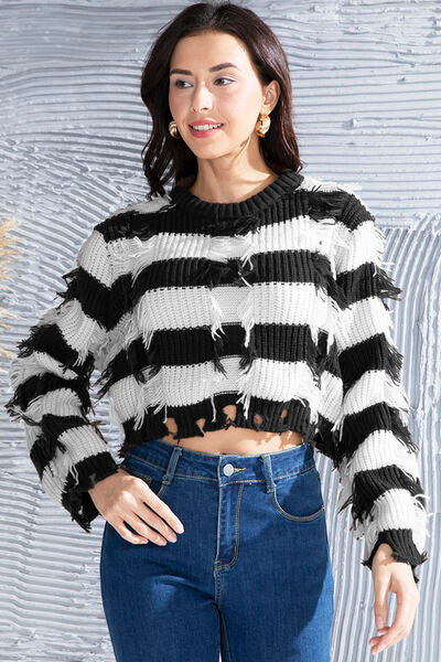 Striped Fringe Round Neck Sweater - Flyclothing LLC