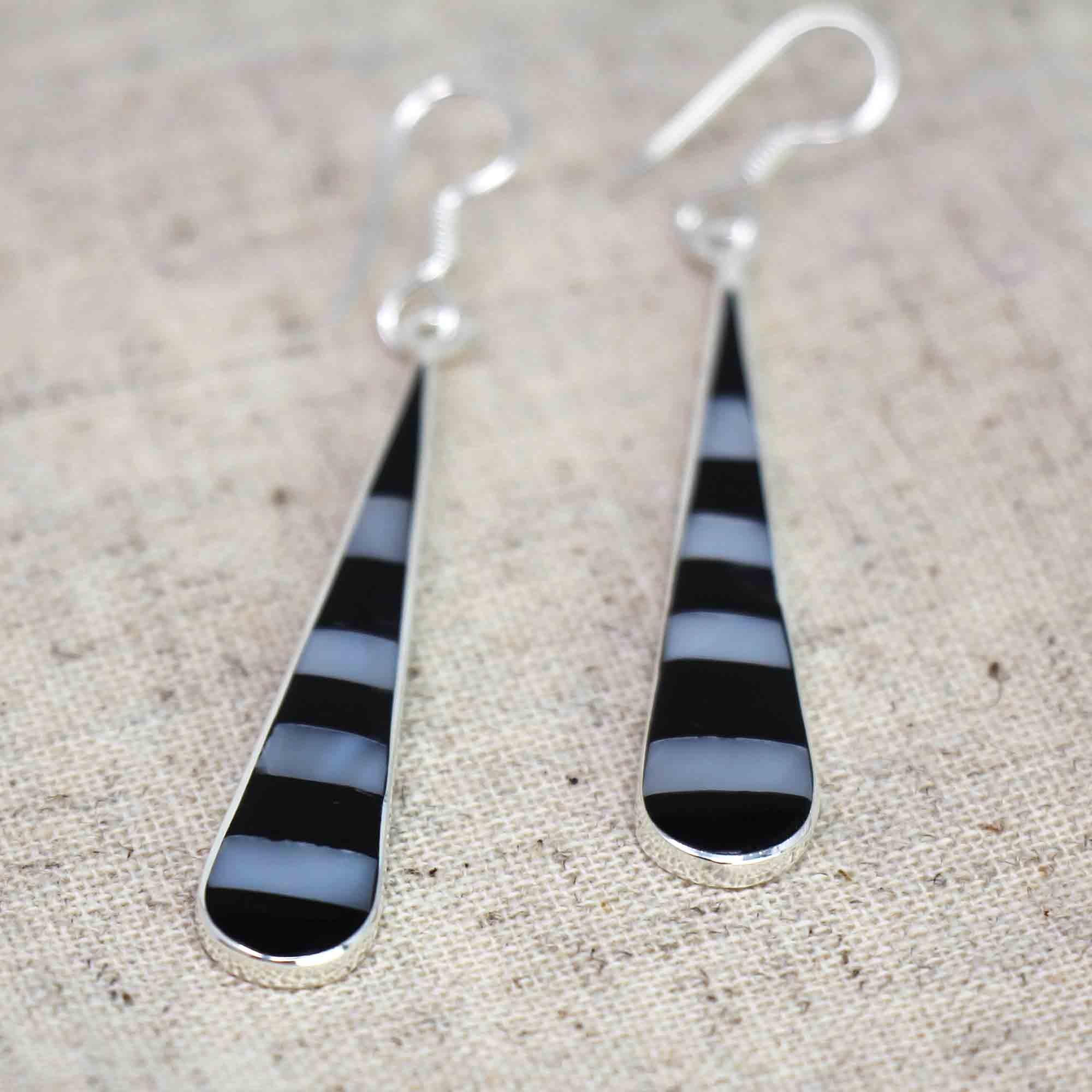 Taxco Silver Black Onyz & Abalone Zebra Long Teardrop Earrings - Flyclothing LLC