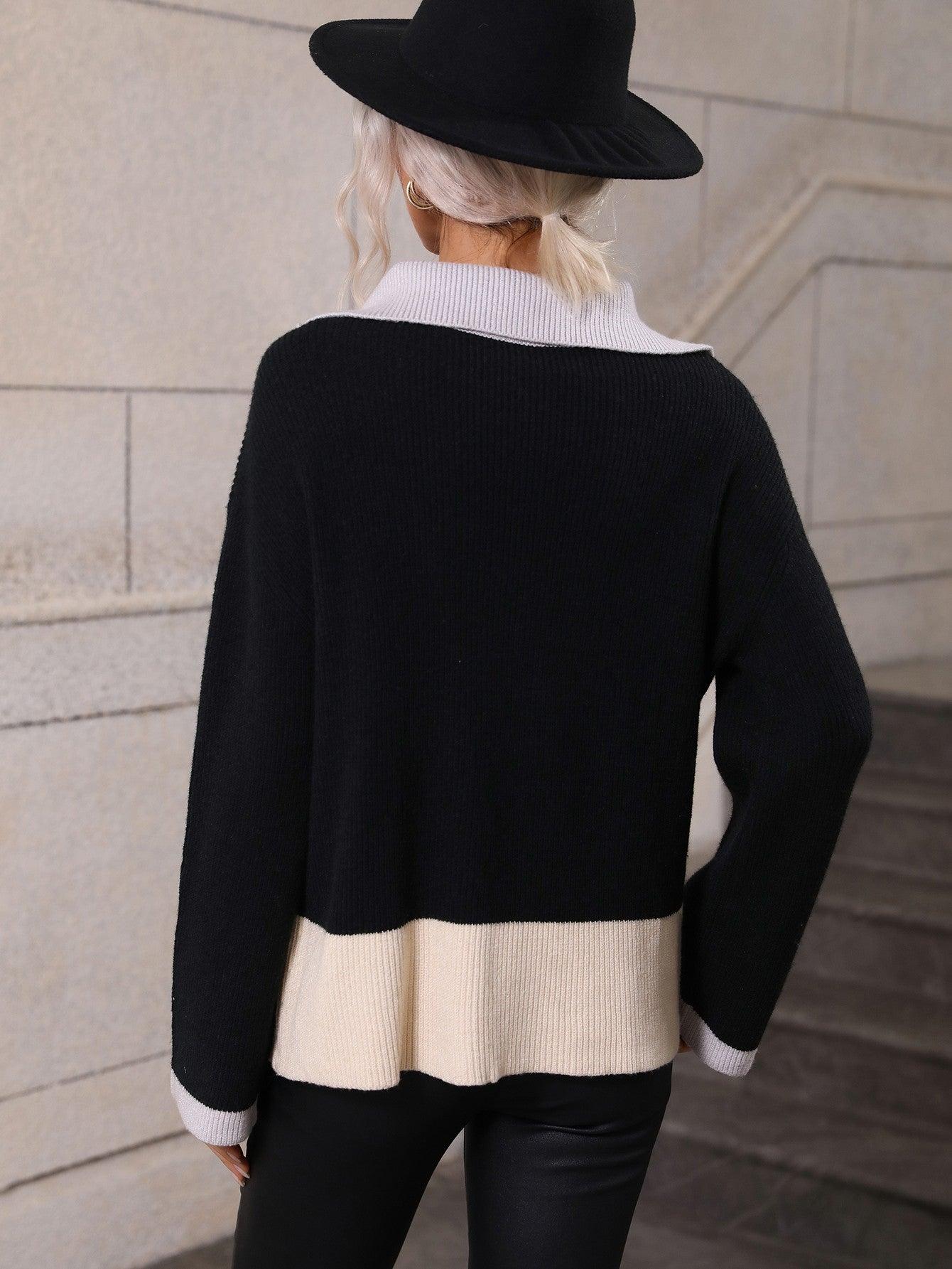 Color Block Half-Zip Dropped Shoulder Knit Pullover - Trendsi