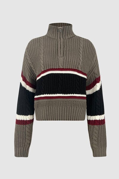 Cable-Knit Striped Quarter Zip Turtleneck Sweater - Trendsi