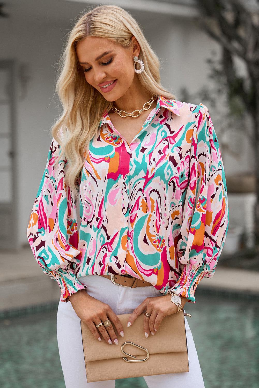 Printed Puff Sleeve Collared Blouse - Flyclothing LLC