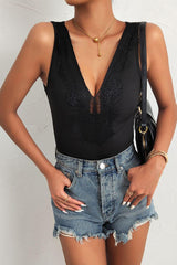 Spliced Lace Deep V Sleeveless Bodysuit - Flyclothing LLC