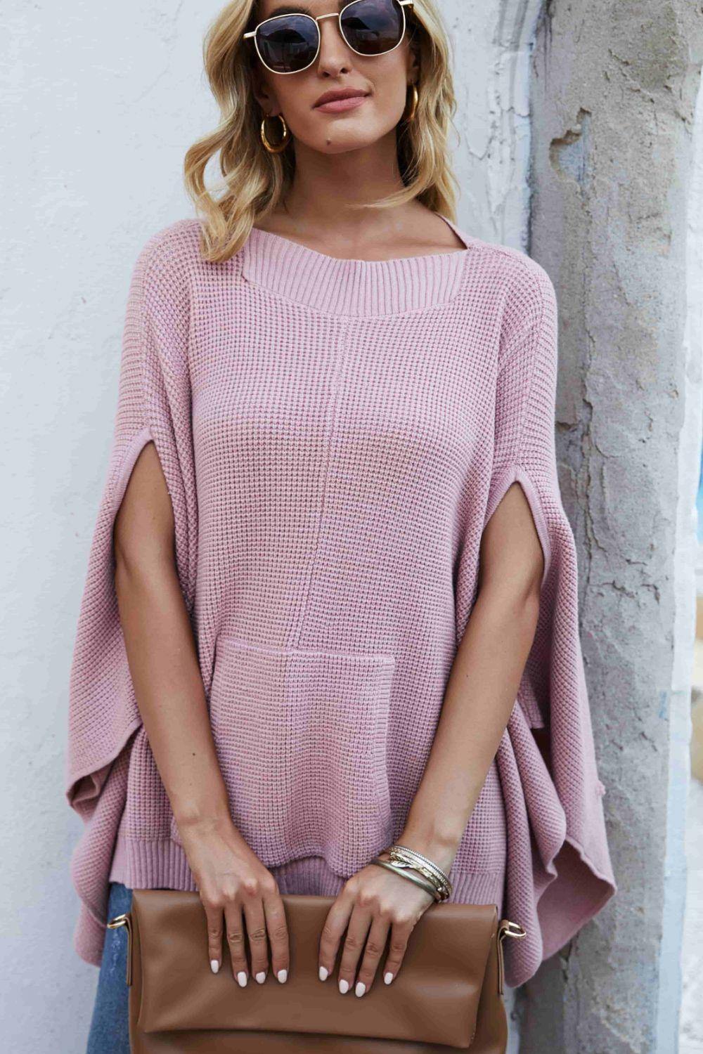 Waffle-Knit Cloak Sleeve Pocket Sweater - Flyclothing LLC