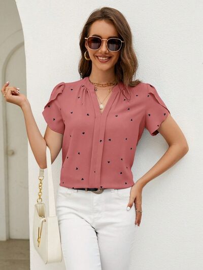 Heart Print Notched Petal Sleeve Blouse - Flyclothing LLC