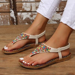 Beaded PU Leather Open Toe Sandals - Trendsi