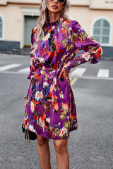 Printed Tie Waist Mock Neck Lantern Sleeve Dress - Flyclothing LLC