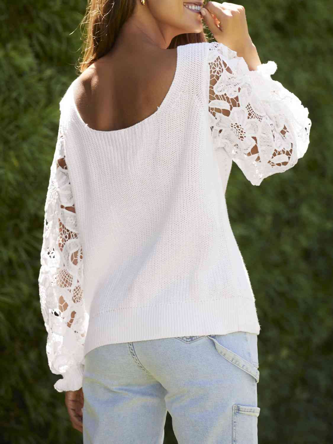 Ribbed Lace Trim Flounce Sleeve Knit Top - Flyclothing LLC