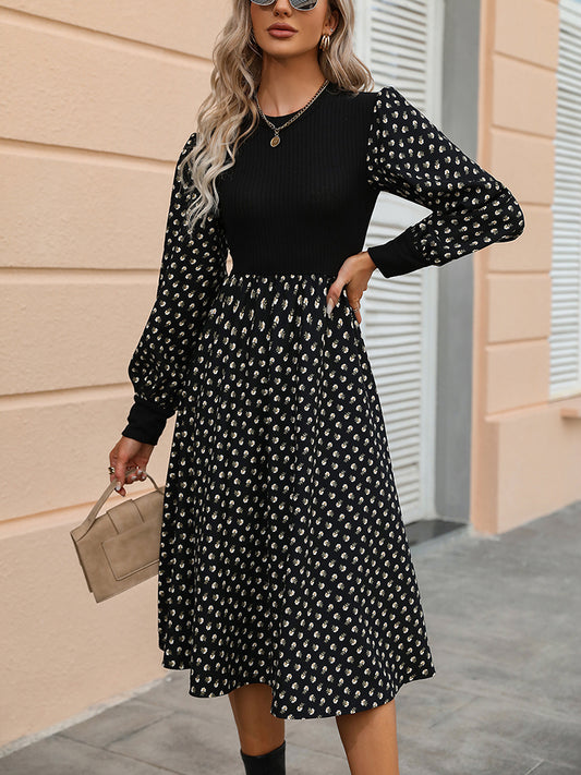 Printed Round Neck Long Sleeve Dress - Flyclothing LLC