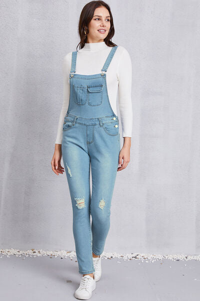 Distressed Washed Denim Overalls with Pockets - Flyclothing LLC