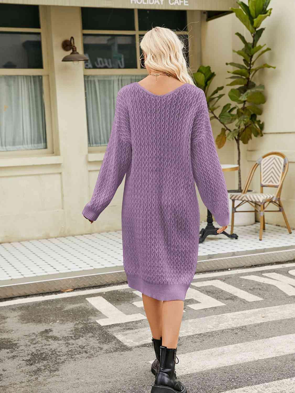 V-Neck Long Sleeve Sweater Dress - Flyclothing LLC