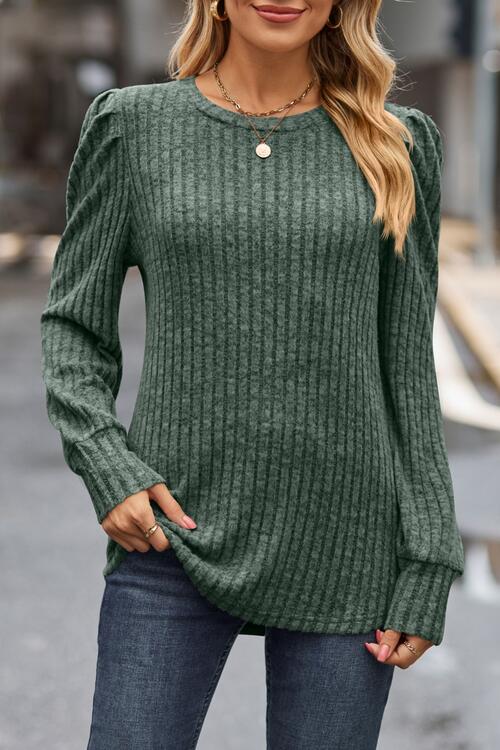 Ribbed Round Neck Long Sleeve Knit Top - Trendsi