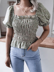 Frill Smocked Square Neck Short Sleeve Blouse - Flyclothing LLC