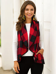 Plaid Open Front Sleeveless Cardigan - Flyclothing LLC