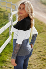 Color Block Spliced Lace Sleeve Ribbed Top - Flyclothing LLC