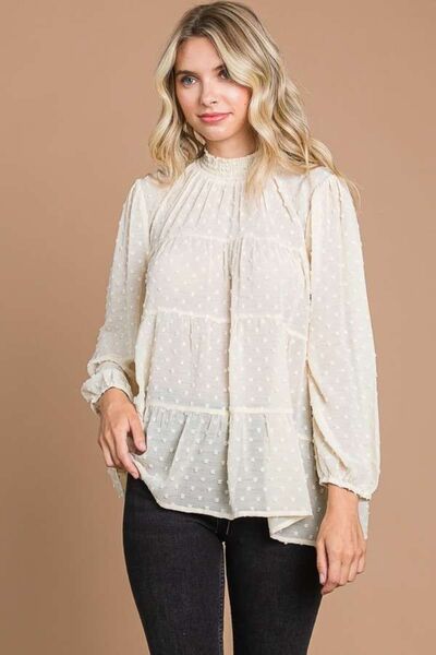 Culture Code Full Size Swiss Dot Smocked Mock Neck Blouse - Flyclothing LLC