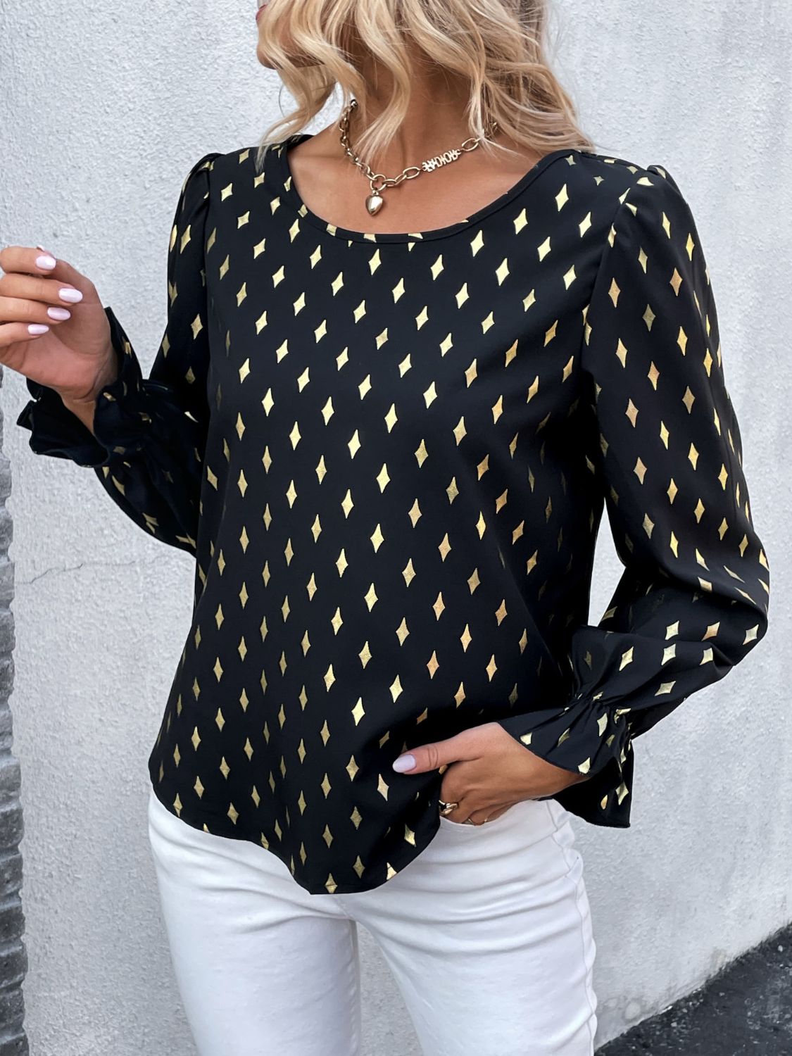 Printed Round Neck Flounce Sleeve Blouse - Flyclothing LLC