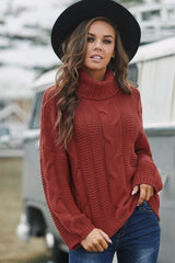 Cable-Knit Turtleneck Dropped Shoulder Sweater - Trendsi