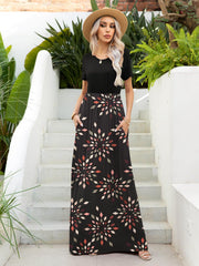 Printed Round Neck Short Sleeve Maxi Dress - Flyclothing LLC