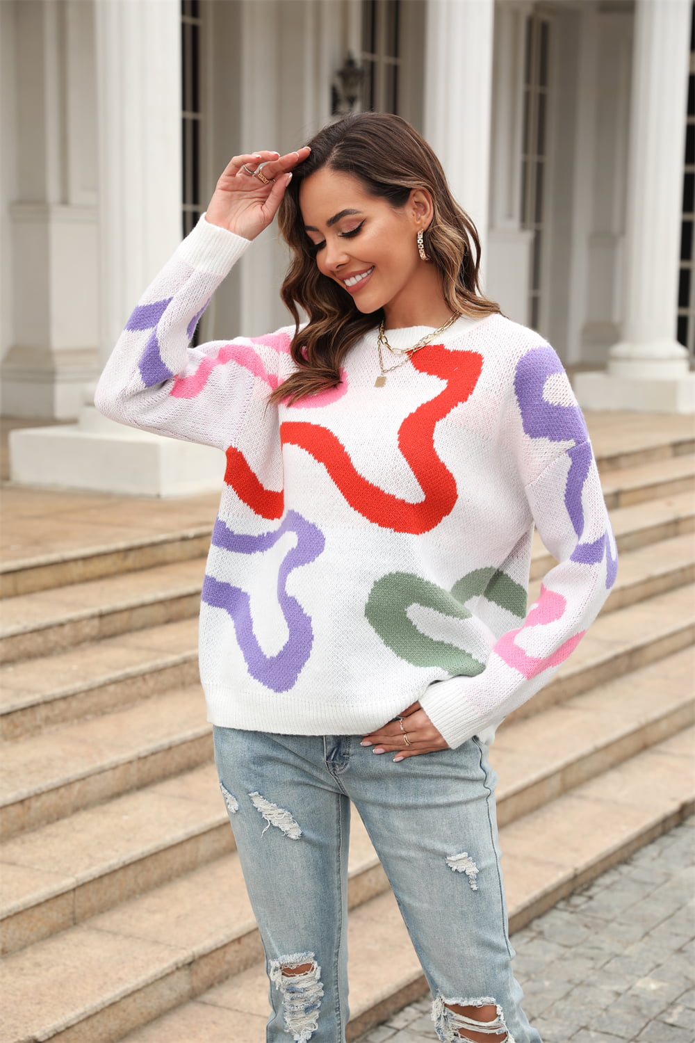 Printed Round Neck Dropped Shoulder Pullover Sweater - Flyclothing LLC