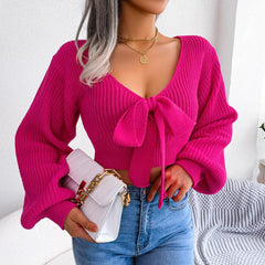 Tie-Front Rib-Knit Cropped Sweater - Flyclothing LLC