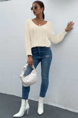 V-Neck Cable-Knit Long Sleeve Sweater - Flyclothing LLC