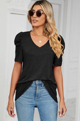 Heathered V-Neck Puff Sleeve T-Shirt - Trendsi