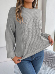 Cable-Knit Round Neck Long Sleeve Sweater - Flyclothing LLC