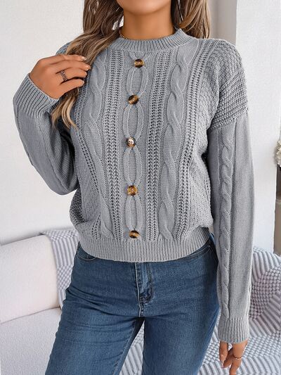 Cable-Knit Buttoned Round Neck Sweater - Flyclothing LLC