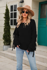 Ribbed Round Neck Fringe Detail Sweater - Flyclothing LLC