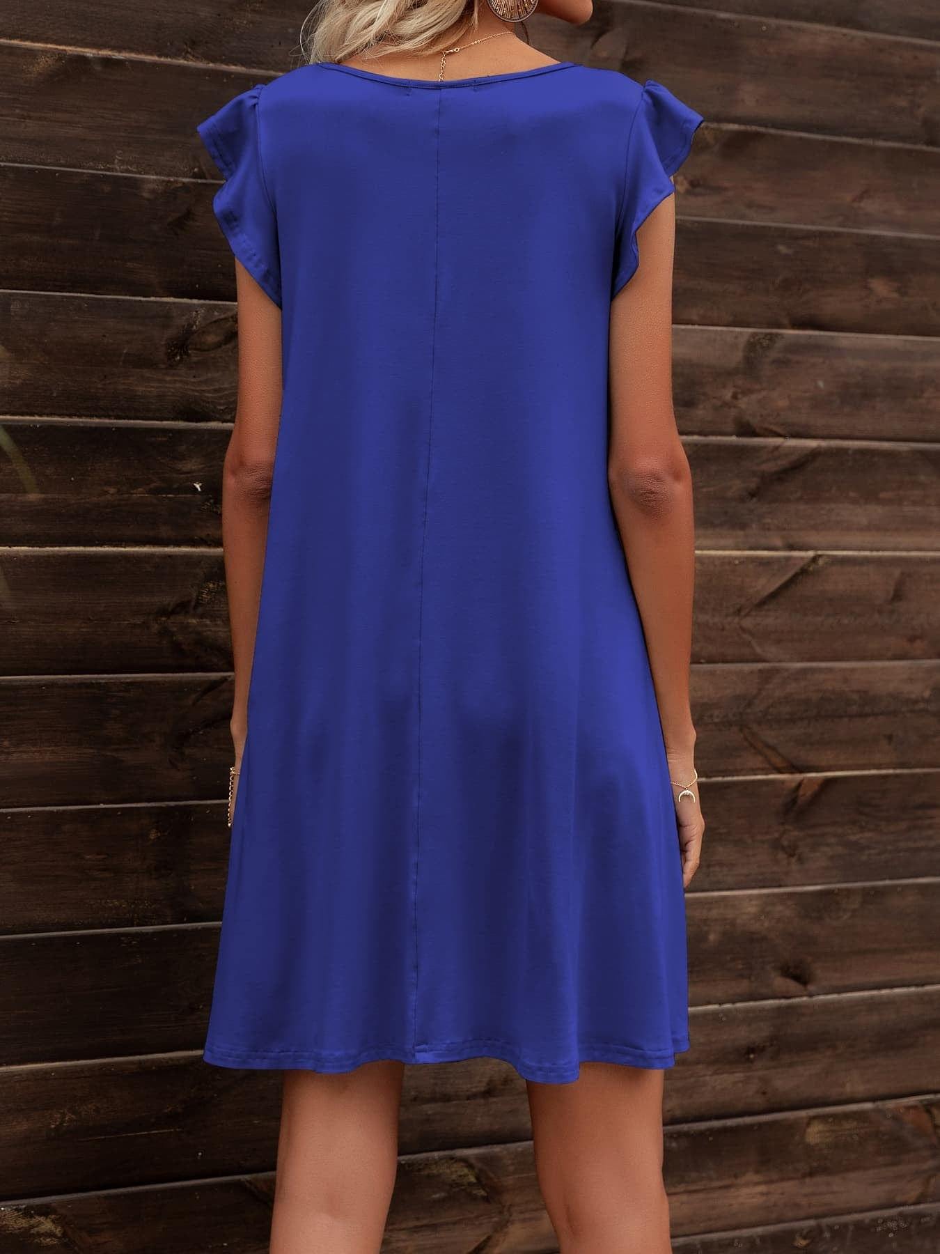 Round Neck Flutter Sleeve Dress with Pockets - Trendsi