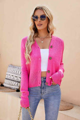 Button Up V-Neck Long Sleeve Cardigan - Flyclothing LLC