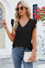 Ruffled V-Neck Cap Sleeve Blouse - Flyclothing LLC