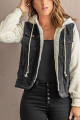 Two-Tone Spliced Denim Sherpa Hooded Jacket - Flyclothing LLC