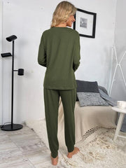 Round Neck Top and Drawstring Pants Lounge Set - Flyclothing LLC