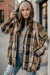 Plaid Zip Up Drawstring Hooded Jacket - Flyclothing LLC