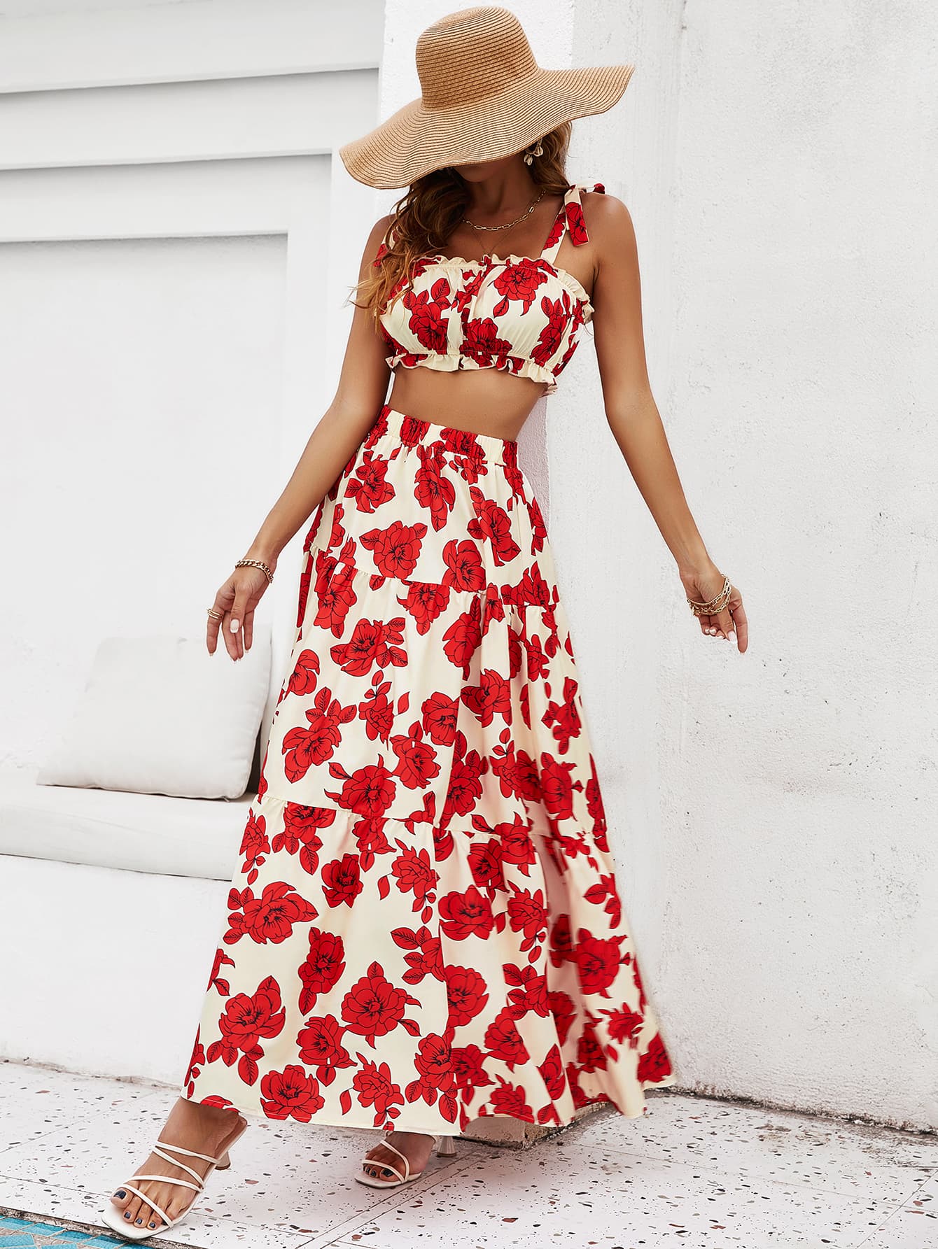 Floral Tie Shoulder Top and Tiered Maxi Skirt Set - Flyclothing LLC